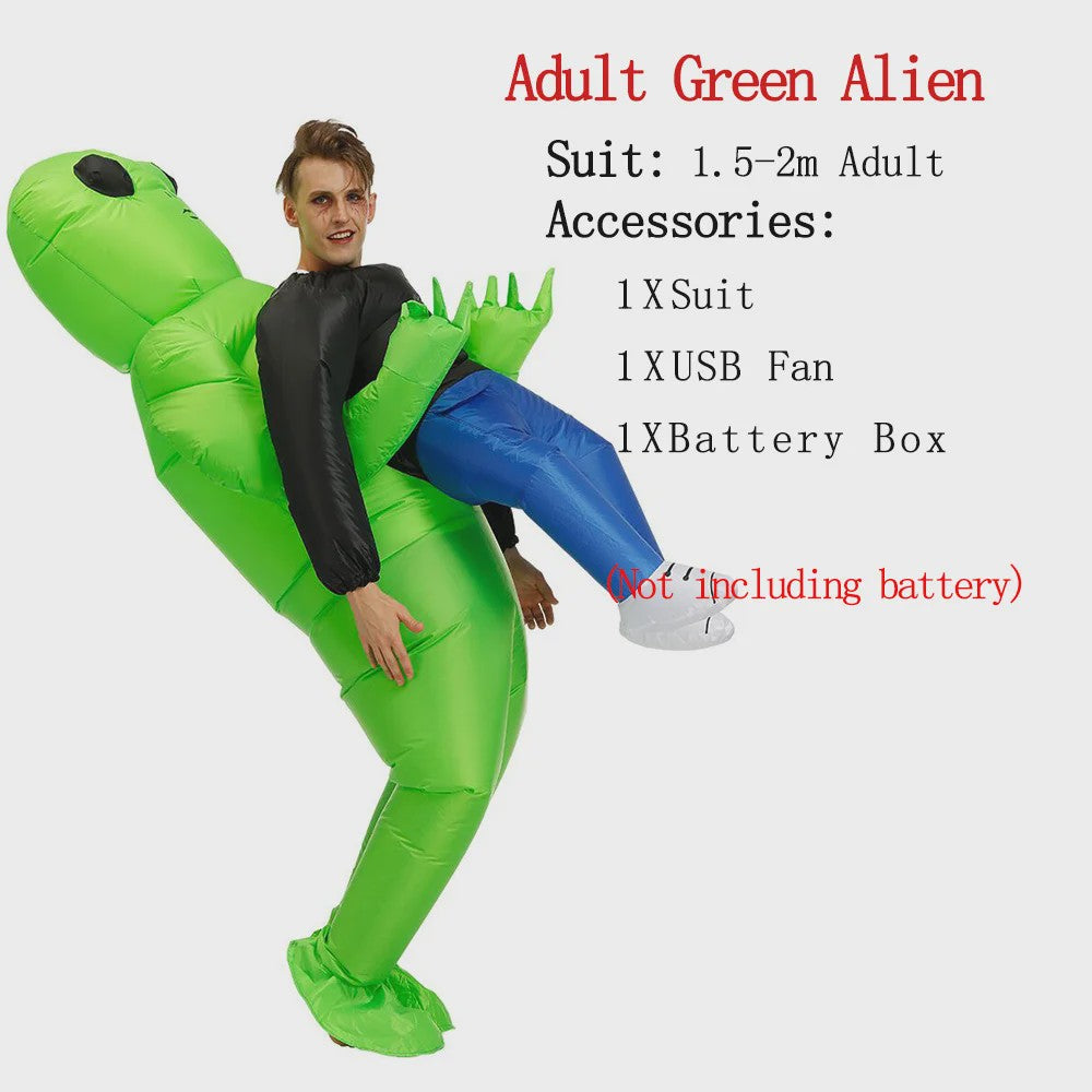 Opblaasbaar Buitenaards Kostuum - Groene Alien met Kind op Arm - Volwassen Feestkostuum