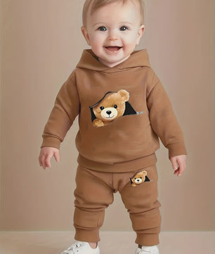 Schattige Baby Jongens Set: Fleece Sweater met Beerprint en Joggingbroek