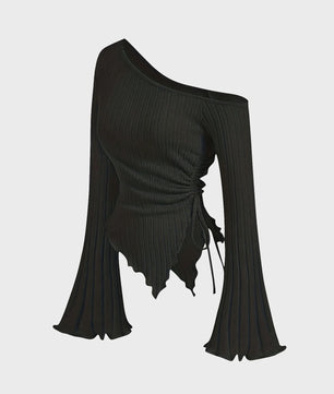 Dames Off-Shoulder T-shirt met Trompetmouwen en Asymmetrische Pasvorm