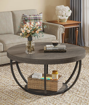 Industriële Ronde Salontafel 80cm met 2 Lagen Opslag - Modern Hout & Metaal