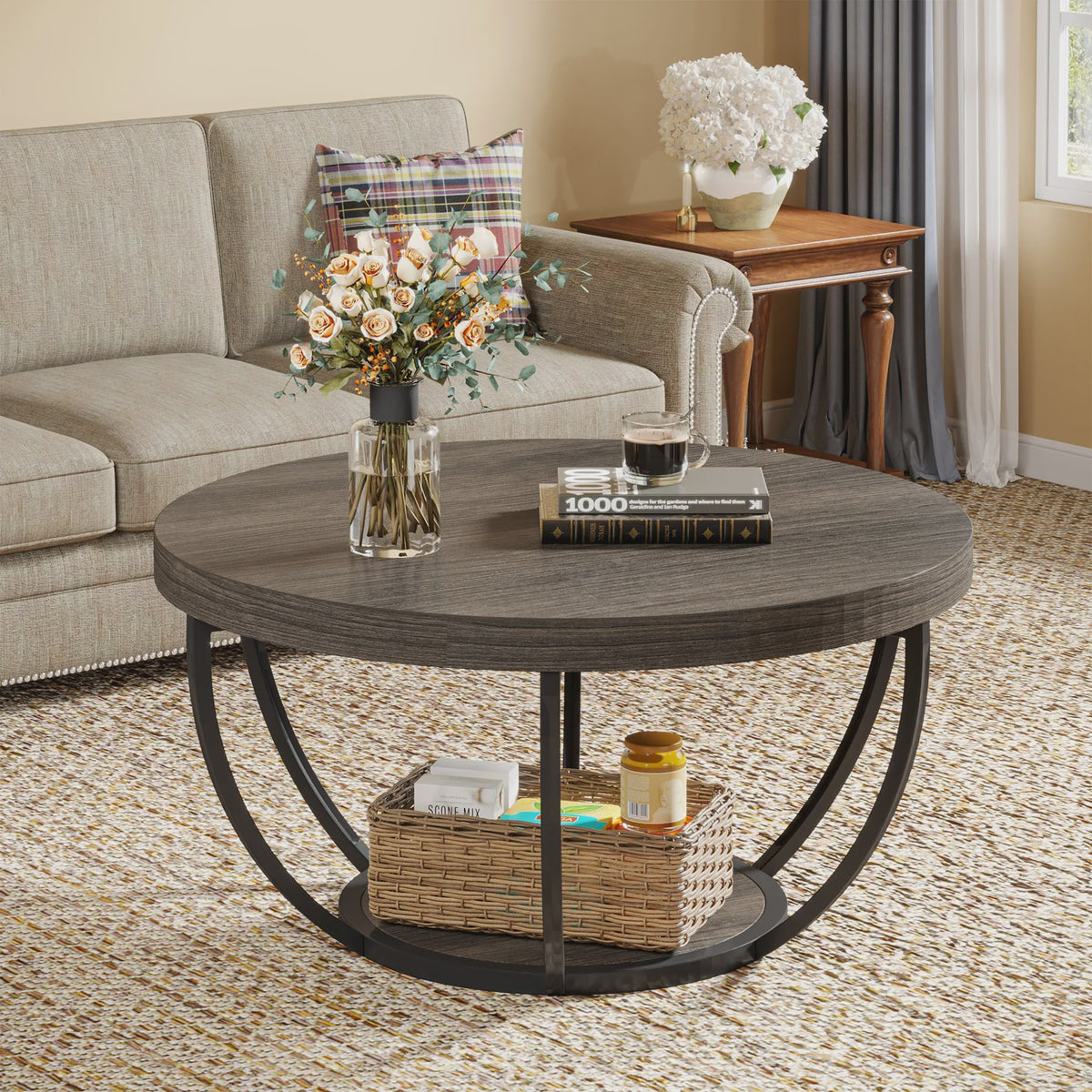 Industriële Ronde Salontafel 80cm met 2 Lagen Opslag - Modern Hout & Metaal