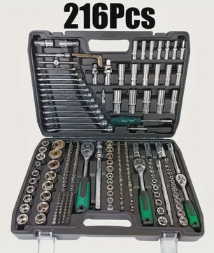 216-delige Professionele Doppenset: SAE & Metrisch, 1/4", 3/8", 1/2" Aandrijving met 72-Tands Ratel voor Auto & Huis