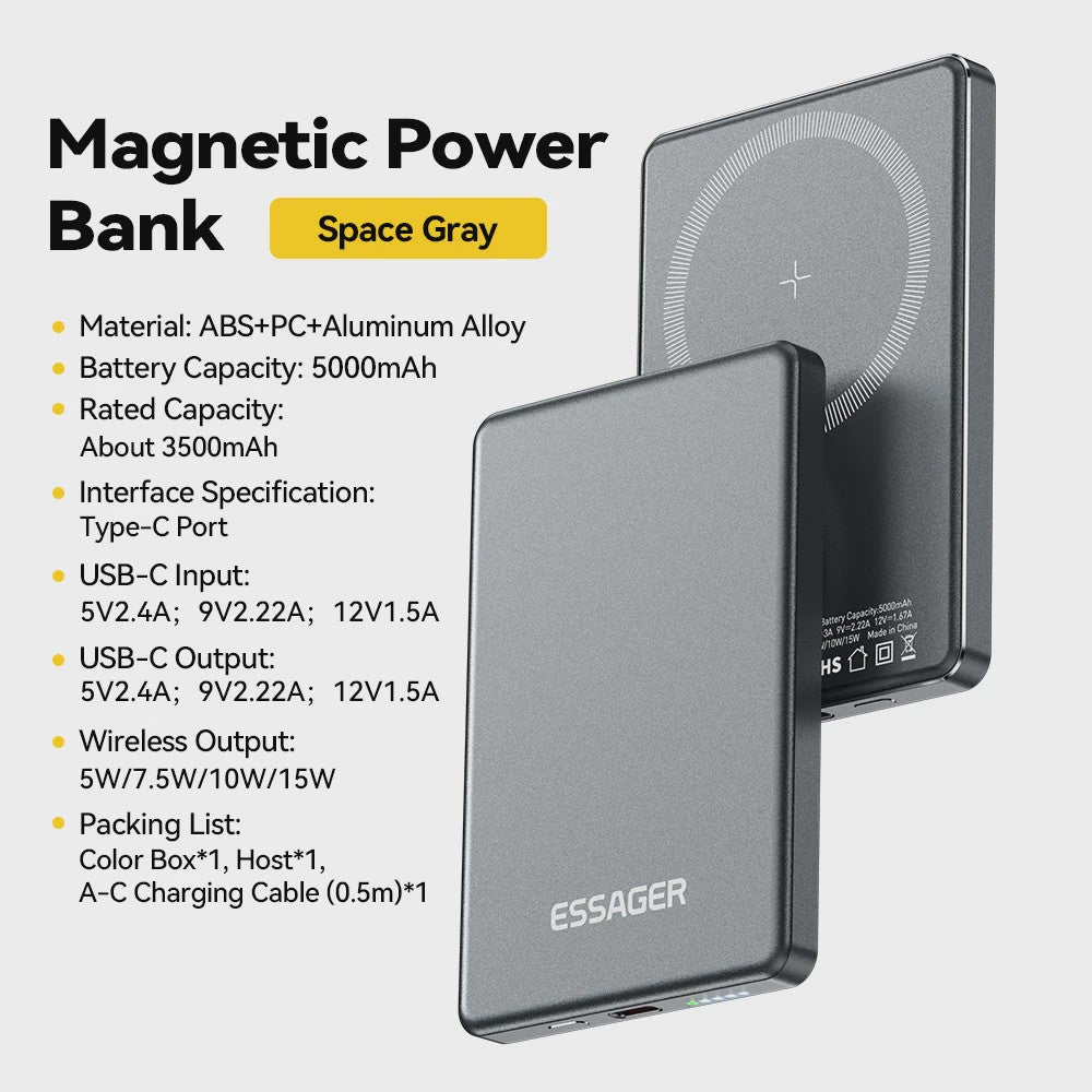 Essager Magnetische Powerbank 5000mAh 20W - Draadloos Snel Opladen voor iPhone (Magsafe)