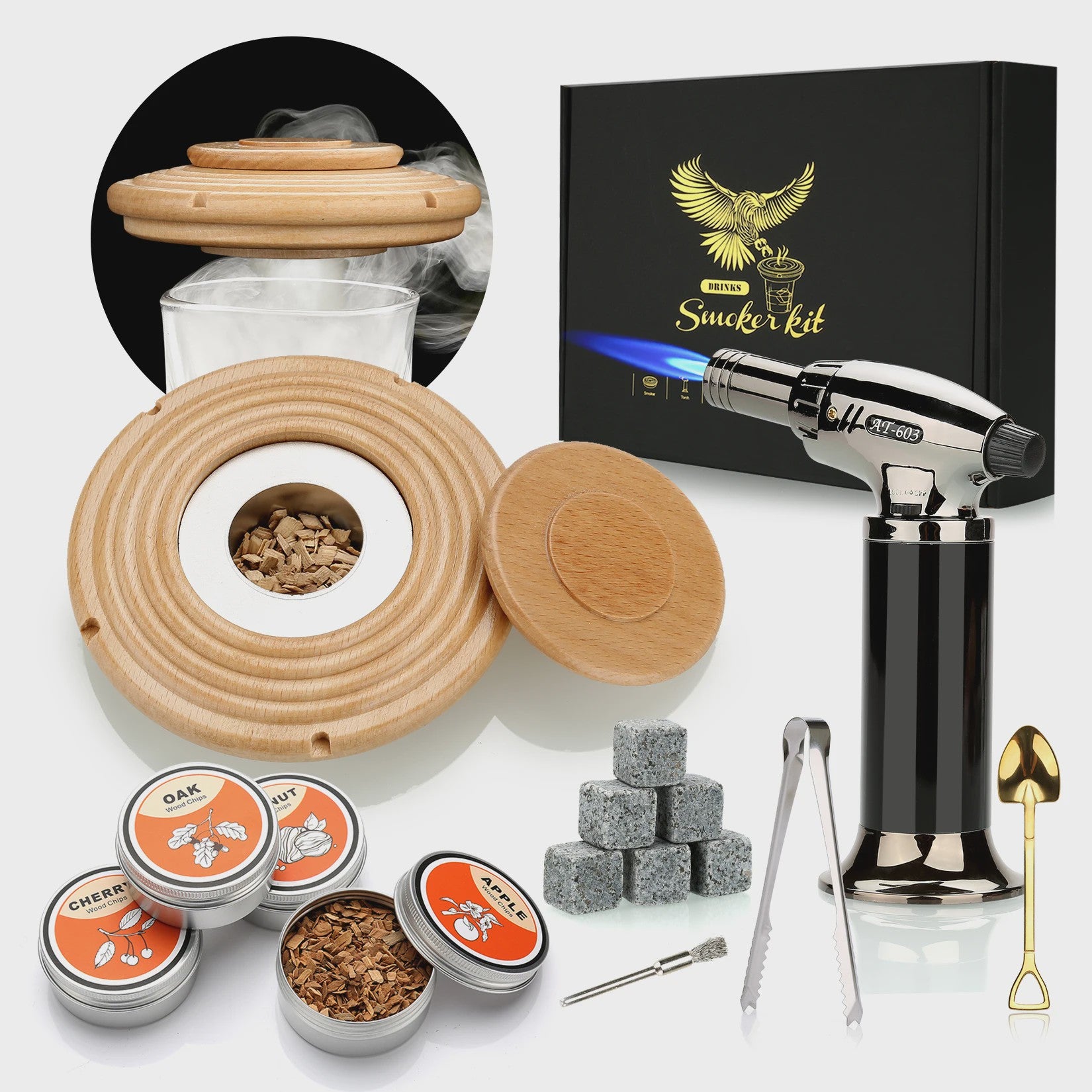 Cocktail Smoker Kit: Rook Aroma met Brandertje, Houtchips & Whiskey Stenen