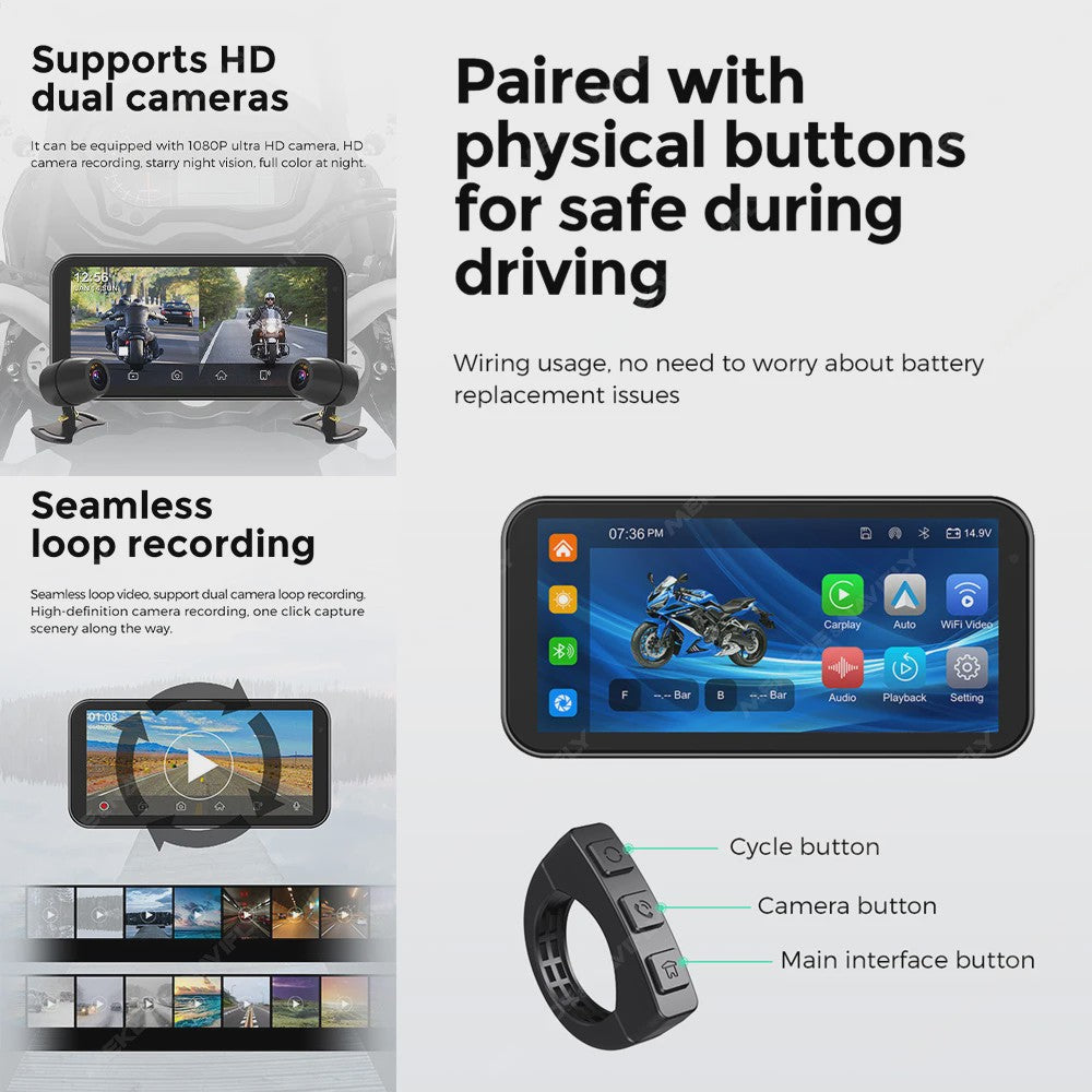6.25" Motorfiets Navigatie & DVR met Draadloze CarPlay/Android Auto - Waterdicht IP67