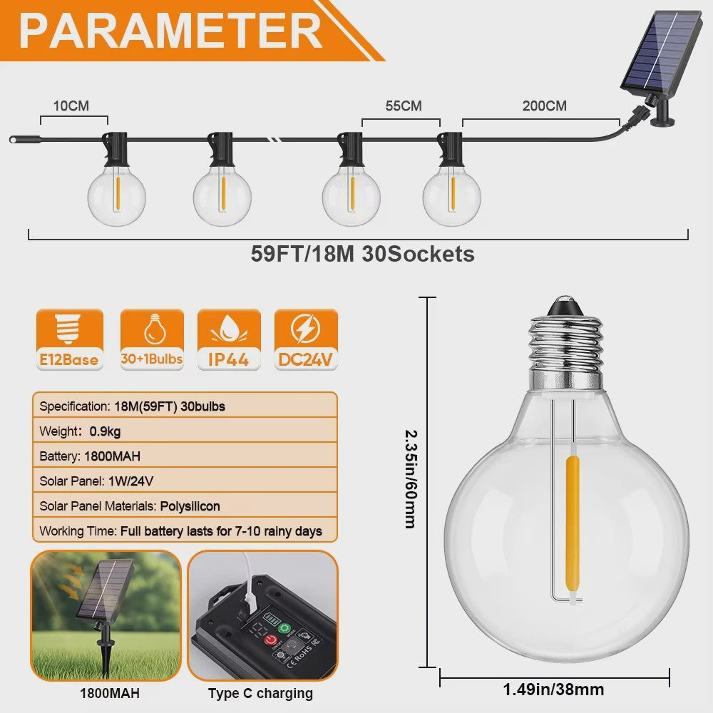 G40 Solar Tuinslinger met 25 Globe LED Lampen - Waterdicht & Dimbare Verlichting