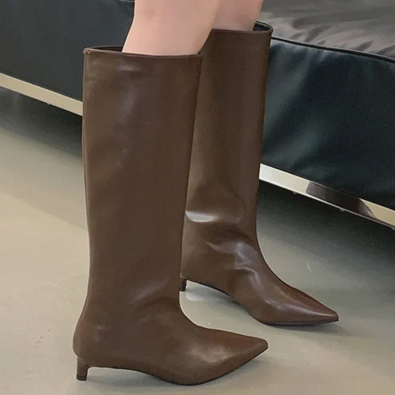 Elegante Leren Laarzen met Puntige Neus en Lage Hak - Dames