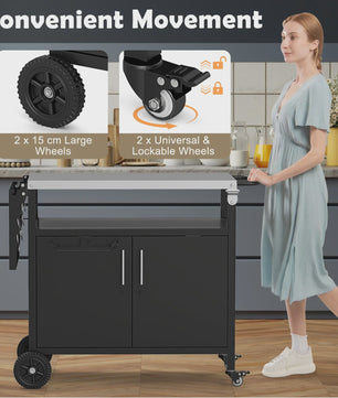 Outdoor Keuken Eiland Grill Cart met Opbergruimte en Inklapbaar RVS Werkblad - Zwart