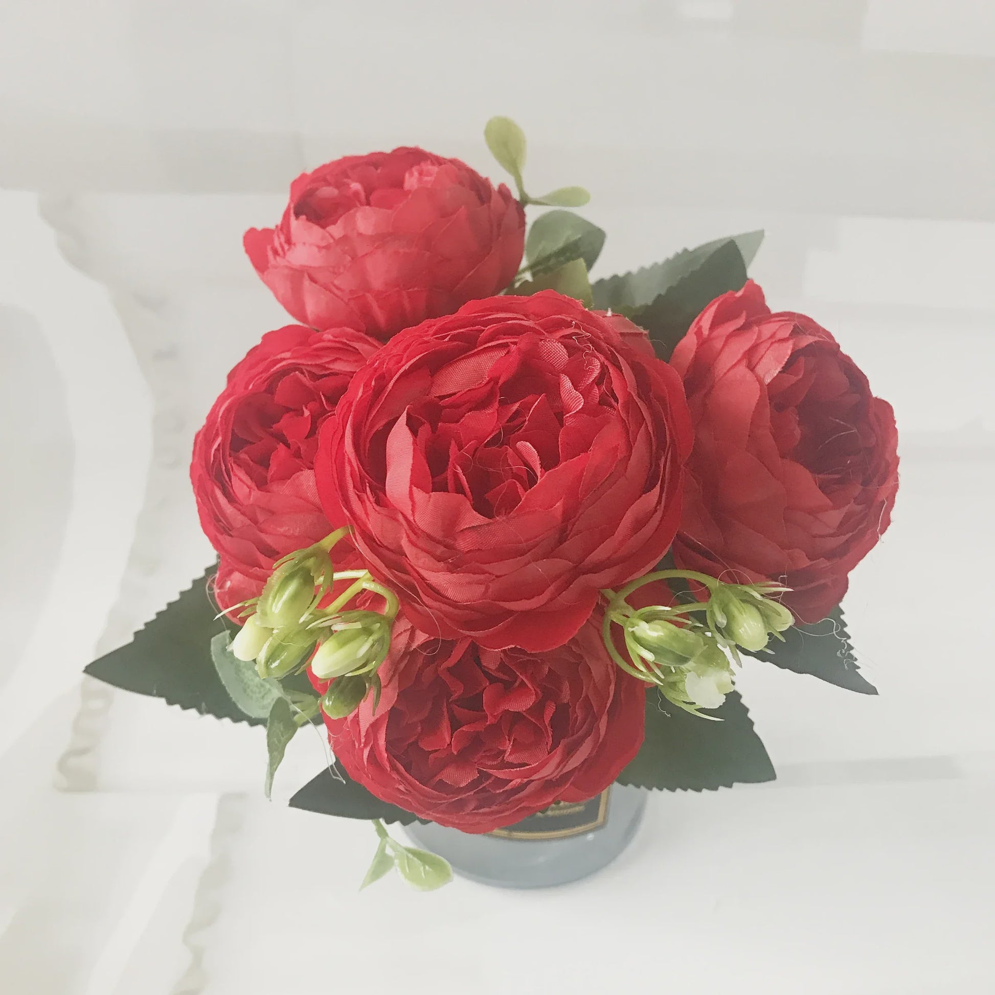Roze Zijden Pioen Kunstboeket 30cm - 5 Grote Bloemen & 4 Knopen voor Decoratie