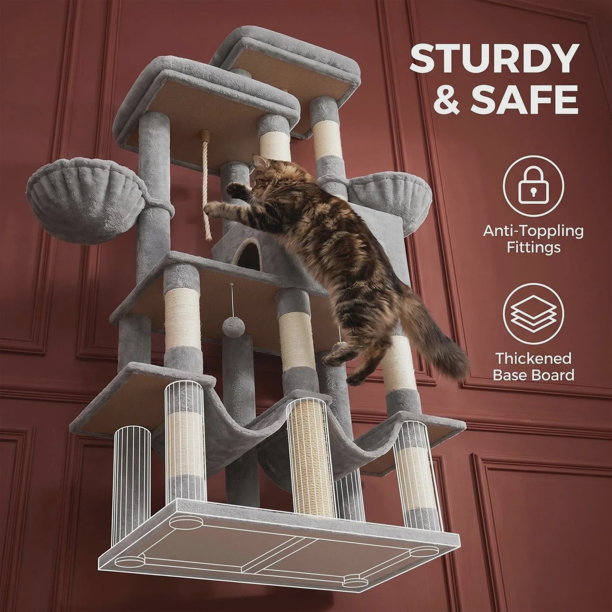 Grote Kattenboom 170 cm - Multi-Level Krabpaal met Ruim Zitplateau & Wasbare Mat - Geschikt voor Maine Coons