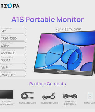 ARZOPA 14" FHD 1080P Draagbare Monitor - IPS Scherm met USB-C & HDMI