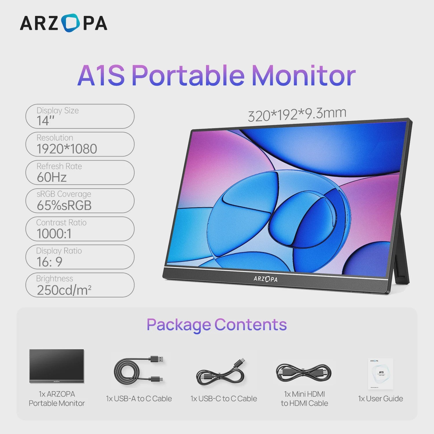 ARZOPA 14" FHD 1080P Draagbare Monitor - IPS Scherm met USB-C & HDMI