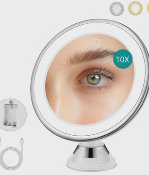 Draagbare Make-up Spiegel met 10x Vergroting, 3 Kleuren LED Licht en Zuignap