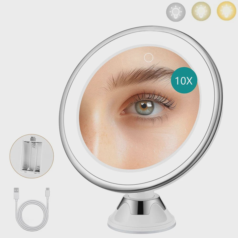 Draagbare Make-up Spiegel met 10x Vergroting, 3 Kleuren LED Licht en Zuignap