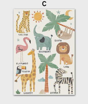 Boho Jungle Safari Dieren Canvas Muurdecoratie - Leeuw, Olifant, Luipaard & Regenboog Posters voor Kinderkamer