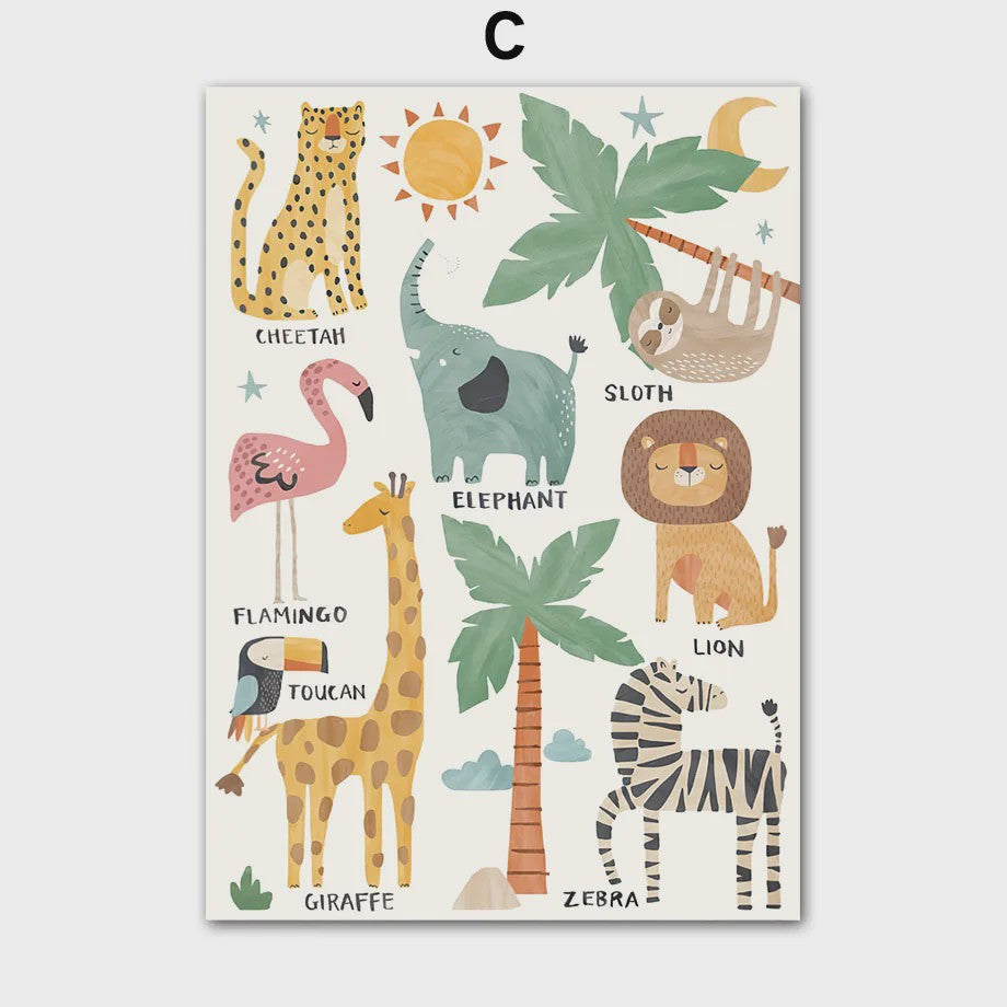Boho Jungle Safari Dieren Canvas Muurdecoratie - Leeuw, Olifant, Luipaard & Regenboog Posters voor Kinderkamer