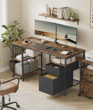 VASAGLE Bureau met 3 Planken en 2 Lades - 140x60x76 cm - Industrieel Design