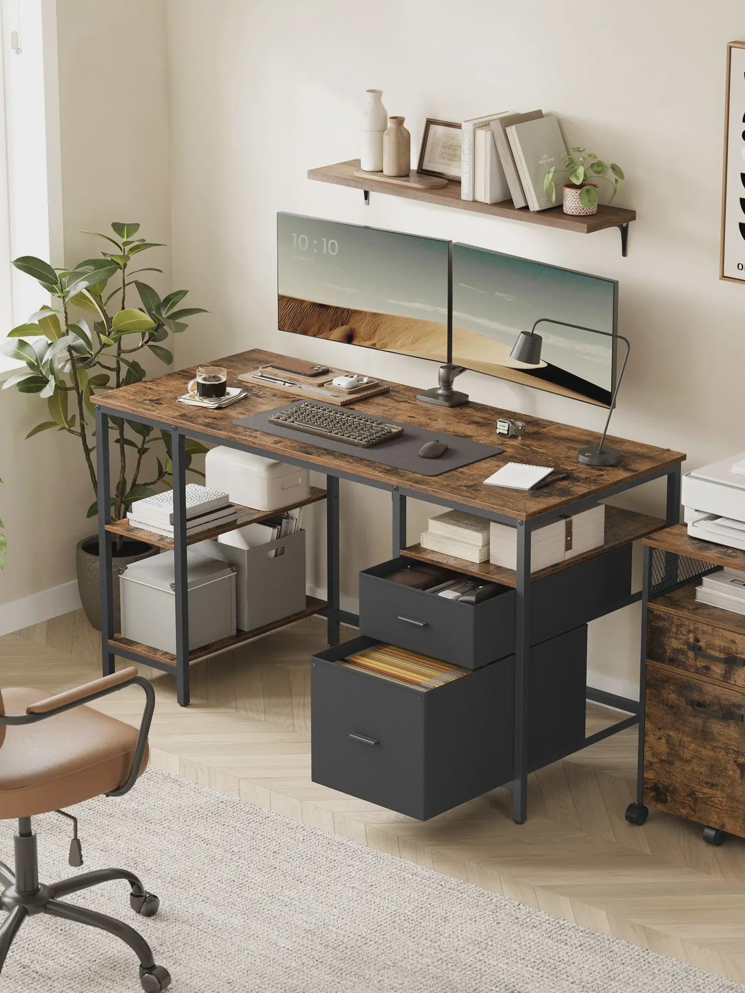 VASAGLE Bureau met 3 Planken en 2 Lades - 140x60x76 cm - Industrieel Design