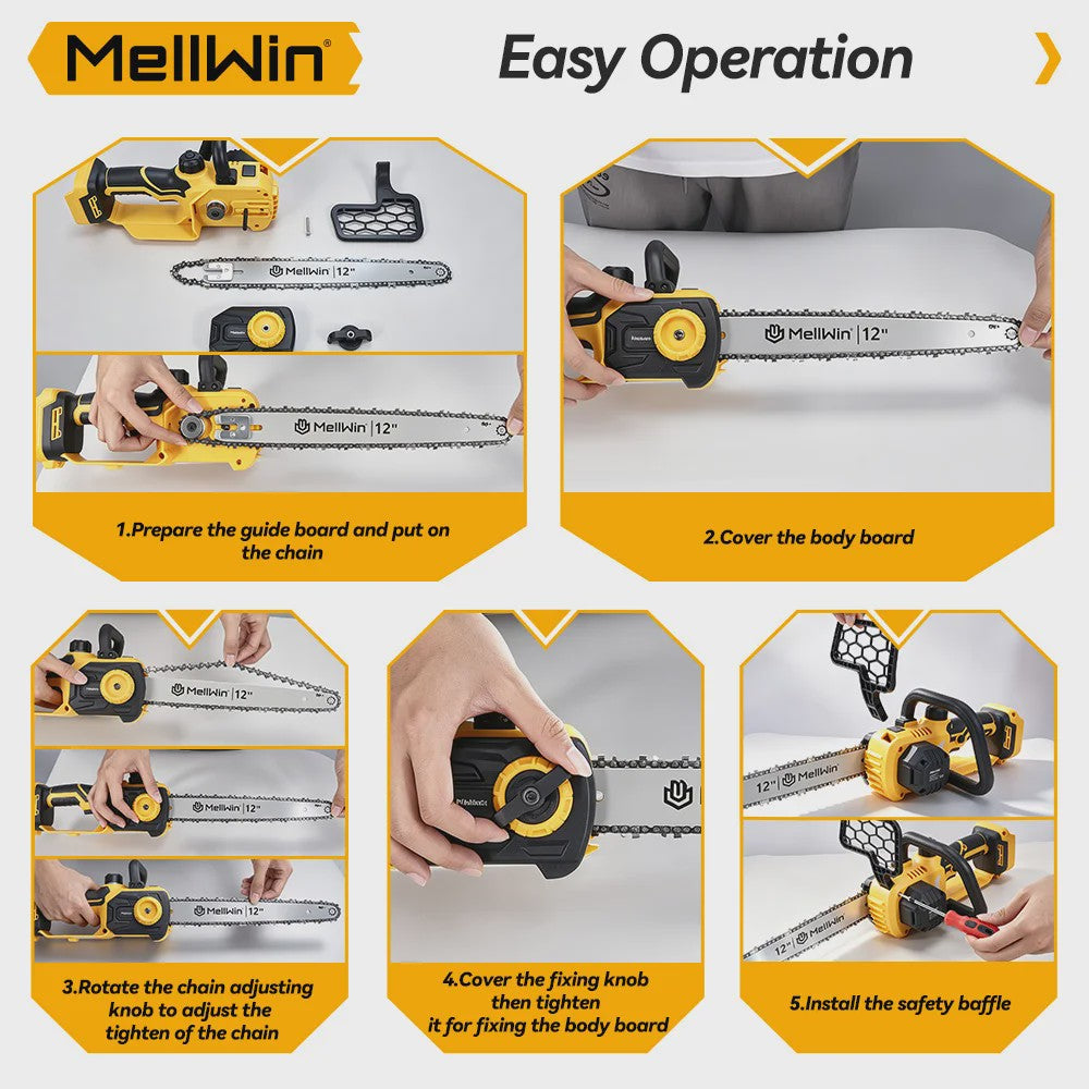 Mellwin 12-Inch Accu Kettingzaag - Krachtig 3000W Brushless, Automatische Olie Systeem