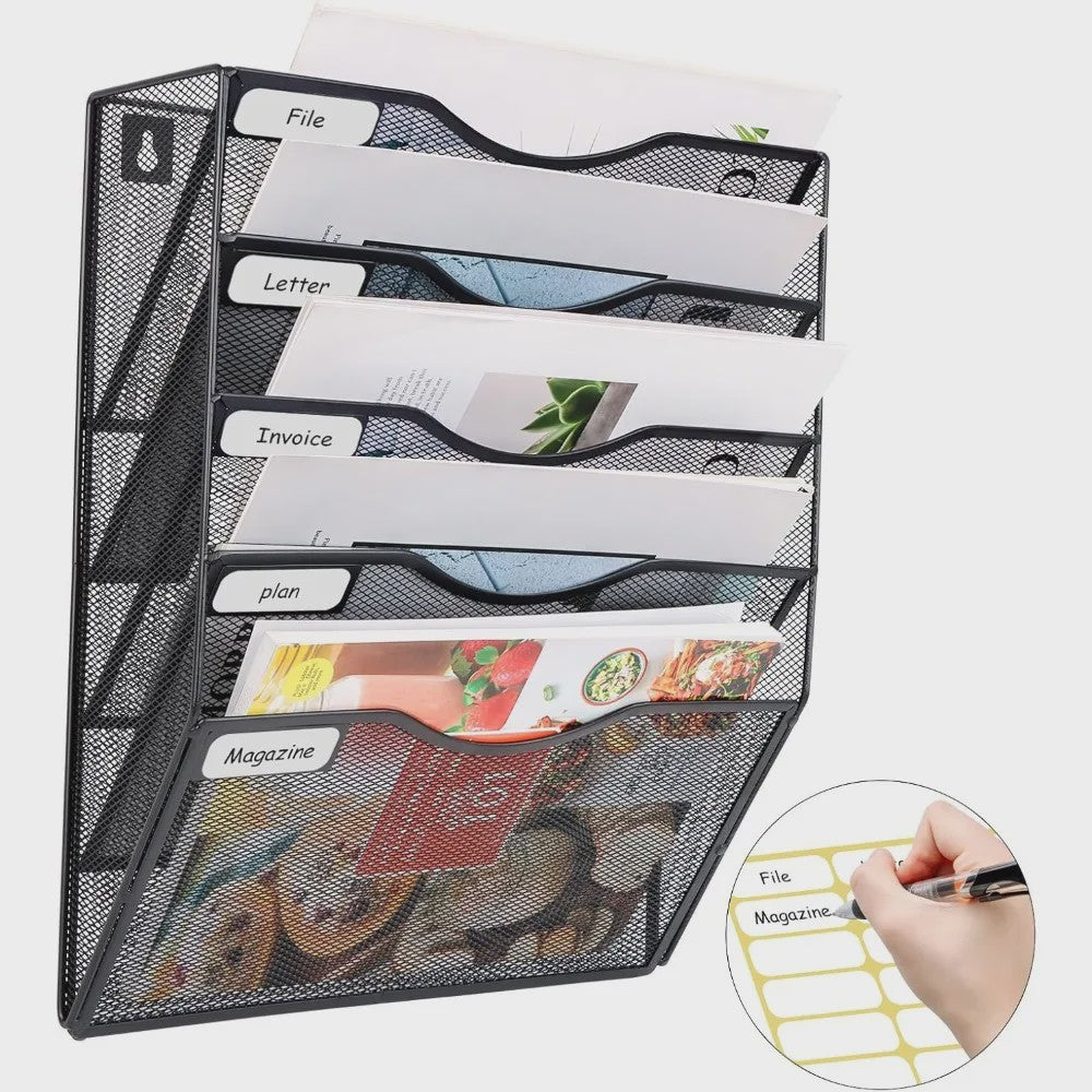 5-Vaks A4 Wand Organizer Mesh Documentenhouder Zwart Metaal