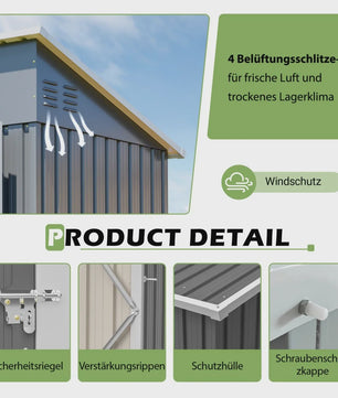 Metalen Tuinhuis 4x8FT met Dubbele Deuren - Grijze Opbergruimte voor Tuin & Terras