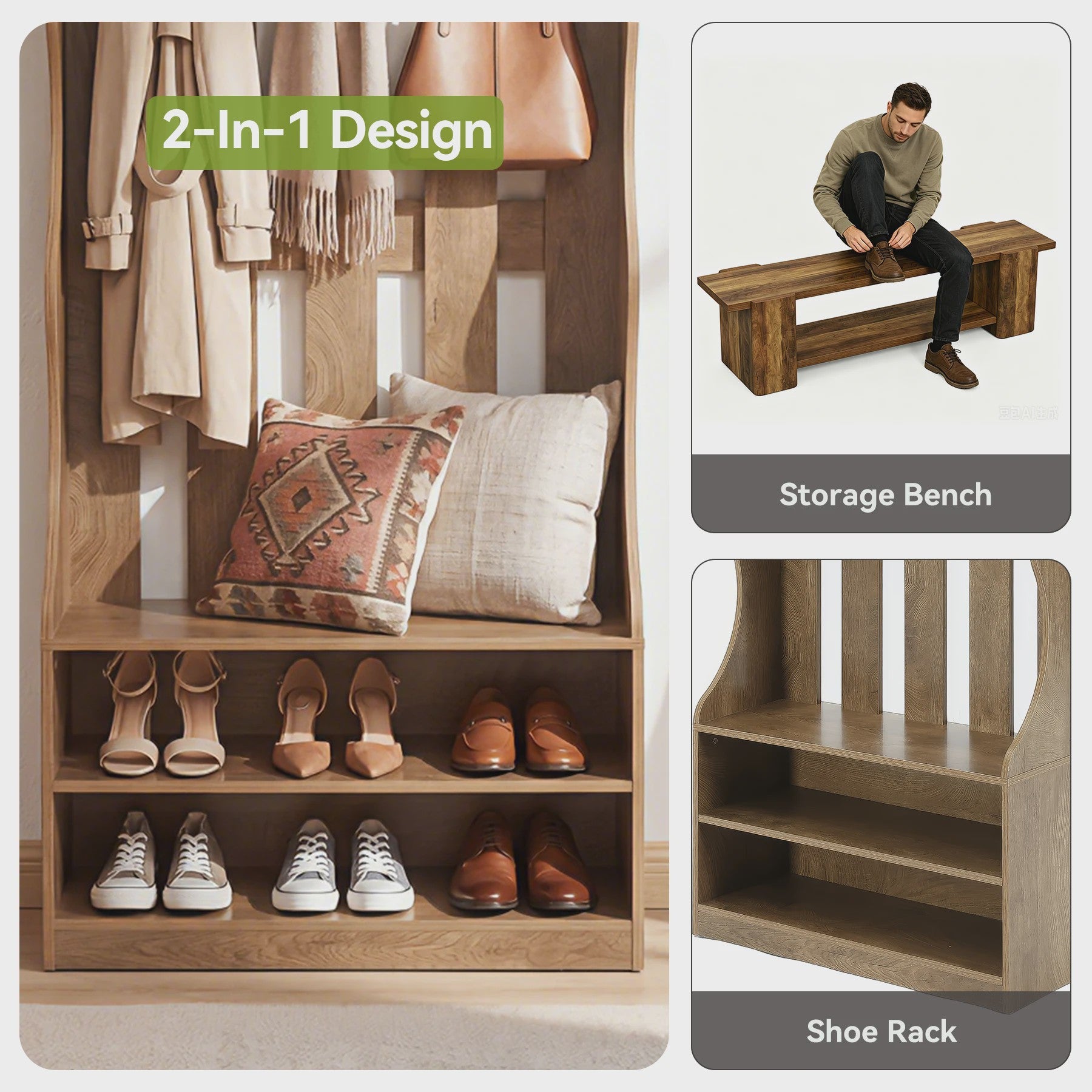 3-in-1 Halmeubel met Schoenenbank en Kapstok - Boerderijstijl Entree Organizer - 180cm Hoog - Bruin
