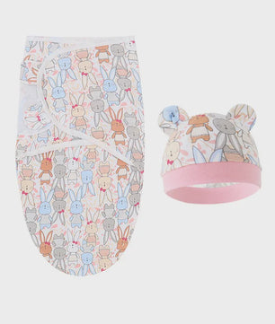 Baby Swaddle & Muts Set - Katoen, Verstelbaar, Cartoon Print, 0-6 Maanden