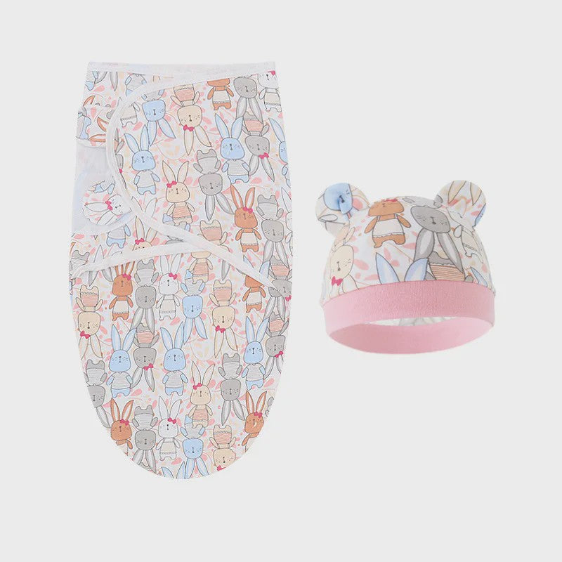 Baby Swaddle & Muts Set - Katoen, Verstelbaar, Cartoon Print, 0-6 Maanden