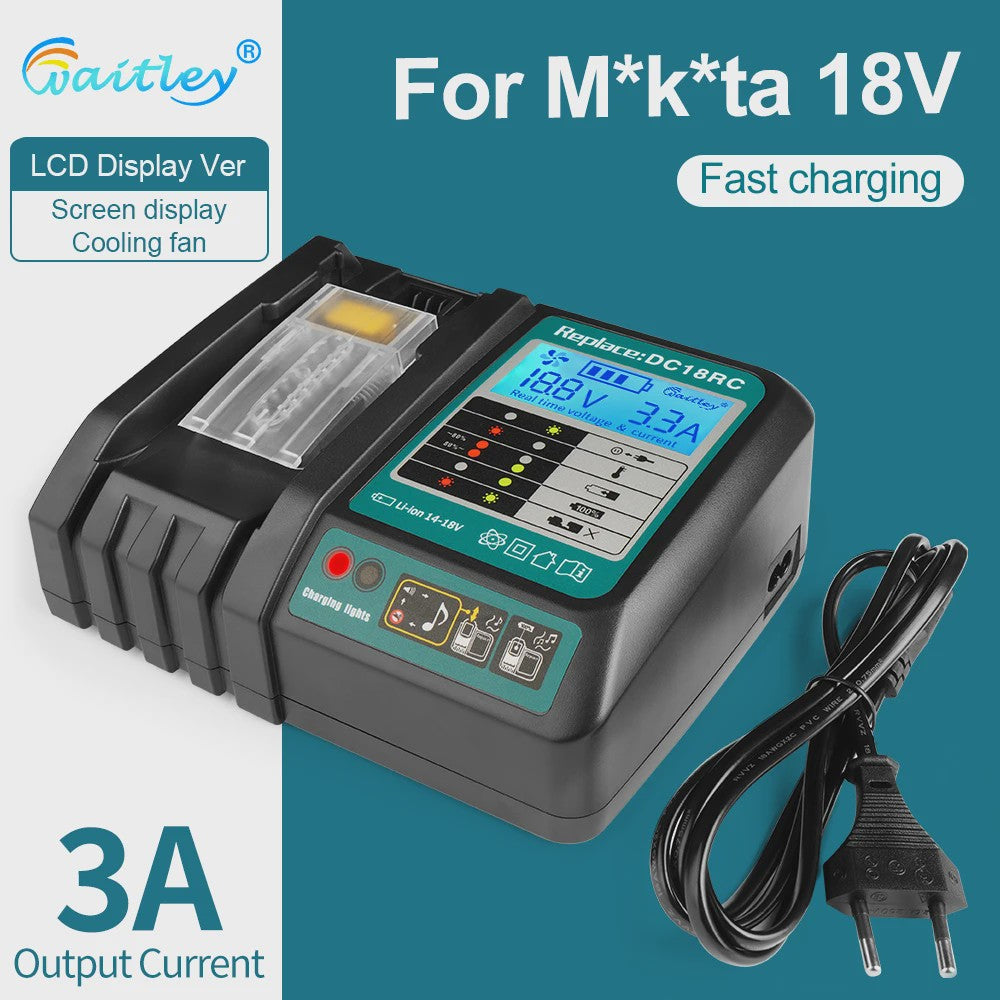 Waitley Snellader voor Makita 18V & 14.4V Accu's - Met Display, Koelventilator & EU Stekker