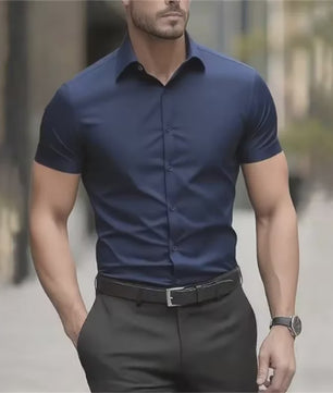 Heren Zomer Overhemd Korte Mouw Stretch Slim Fit - Zwart, Maat 5XL