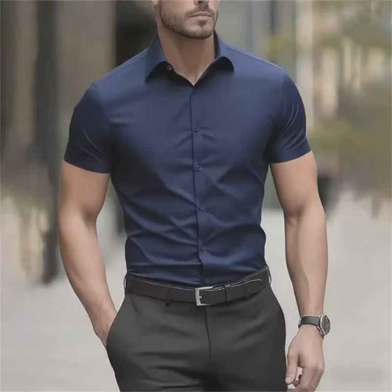 Heren Zomer Overhemd Korte Mouw Stretch Slim Fit - Zwart, Maat 5XL
