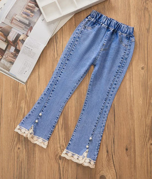 Bell-bottom Jeans voor Meisjes met Kraaltjes en Kant - Modieuze Stretch Denim Broek