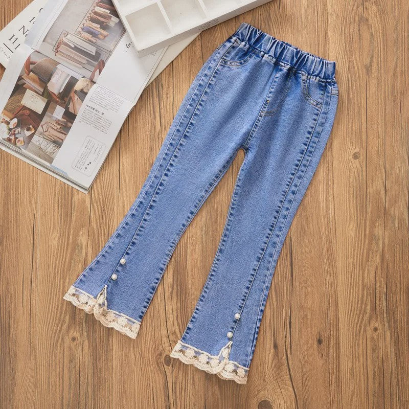 Bell-bottom Jeans voor Meisjes met Kraaltjes en Kant - Modieuze Stretch Denim Broek