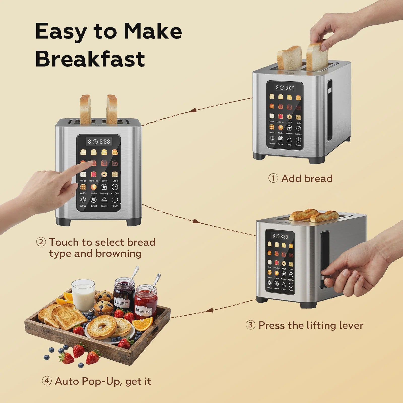 Patbrela Slimme Broodrooster met Broodrek - 2 Slices, Touchscreen & 6 Broodsoorten