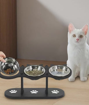 Verhoogde Voerbak Set voor Katten en Honden met 3 RVS Bakjes en Verstelbare Hoogte