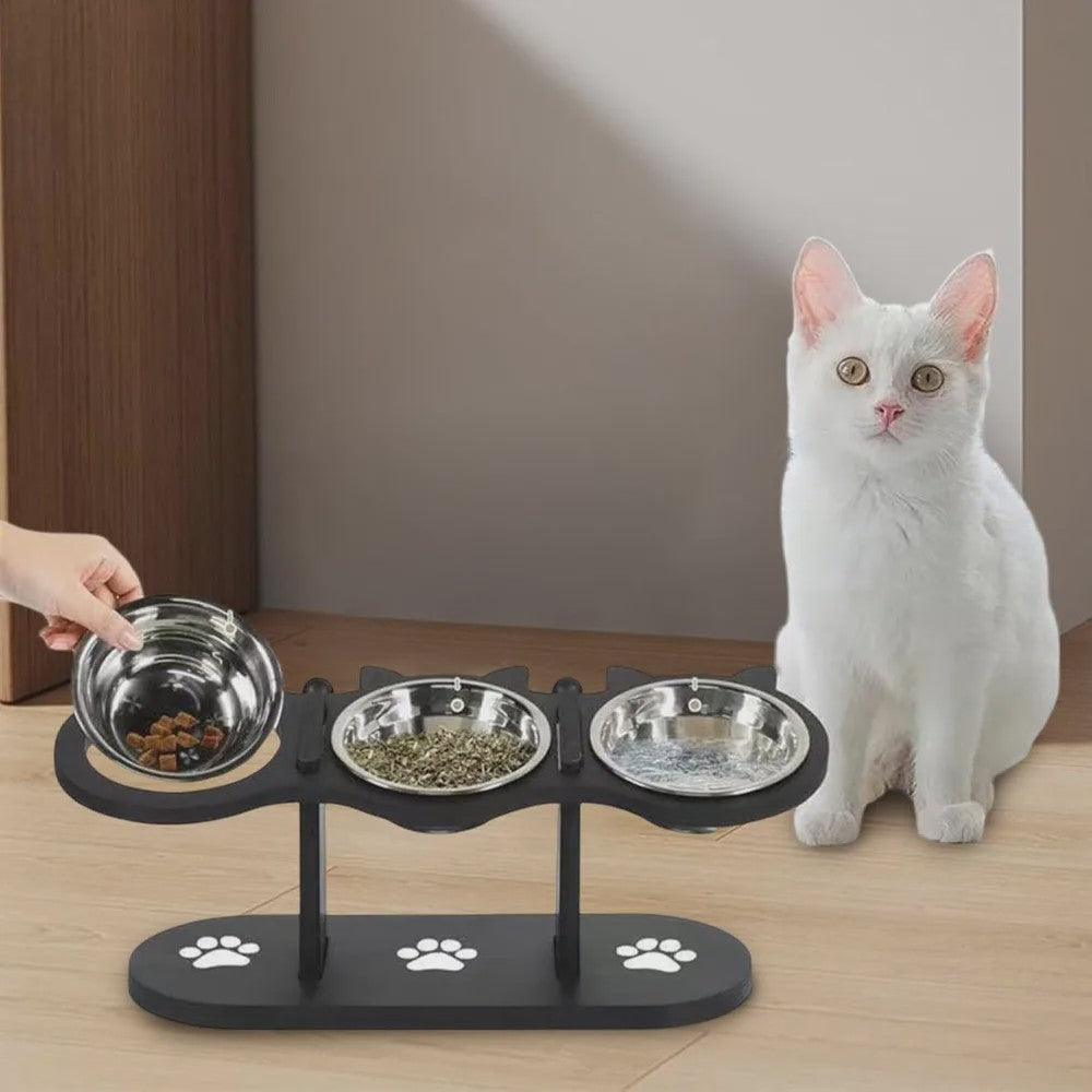 Verhoogde Voerbak Set voor Katten en Honden met 3 RVS Bakjes en Verstelbare Hoogte