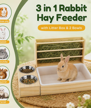 3 in 1 Rabbit Hay Feeder with Litter Box and Bowls, Wooden Small Animal Feeding Station with Hay Rack, Rabbit Food Dispenser for Guinea Pig Hamster Chinchilla Ferret