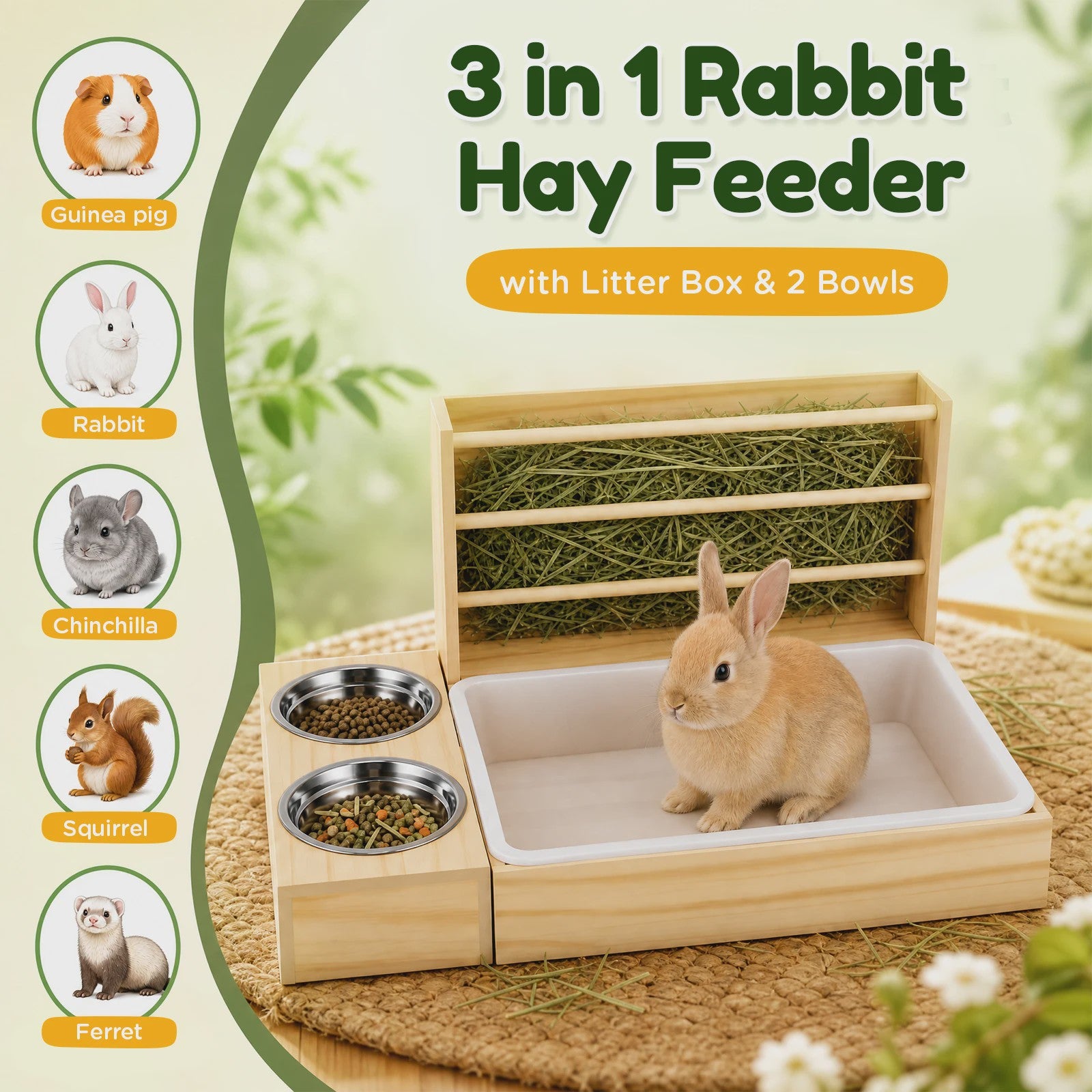3 in 1 Rabbit Hay Feeder with Litter Box and Bowls, Wooden Small Animal Feeding Station with Hay Rack, Rabbit Food Dispenser for Guinea Pig Hamster Chinchilla Ferret