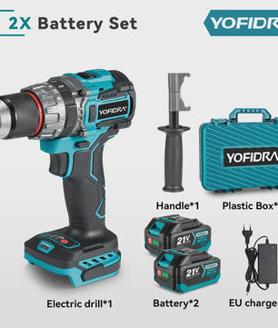 YOFIDRA Accuboormachine 18V-21V Brushless Motor, 13mm Boorhouder, 20+3 Koppelinstellingen, Boor/Schroef/Slagfunctie
