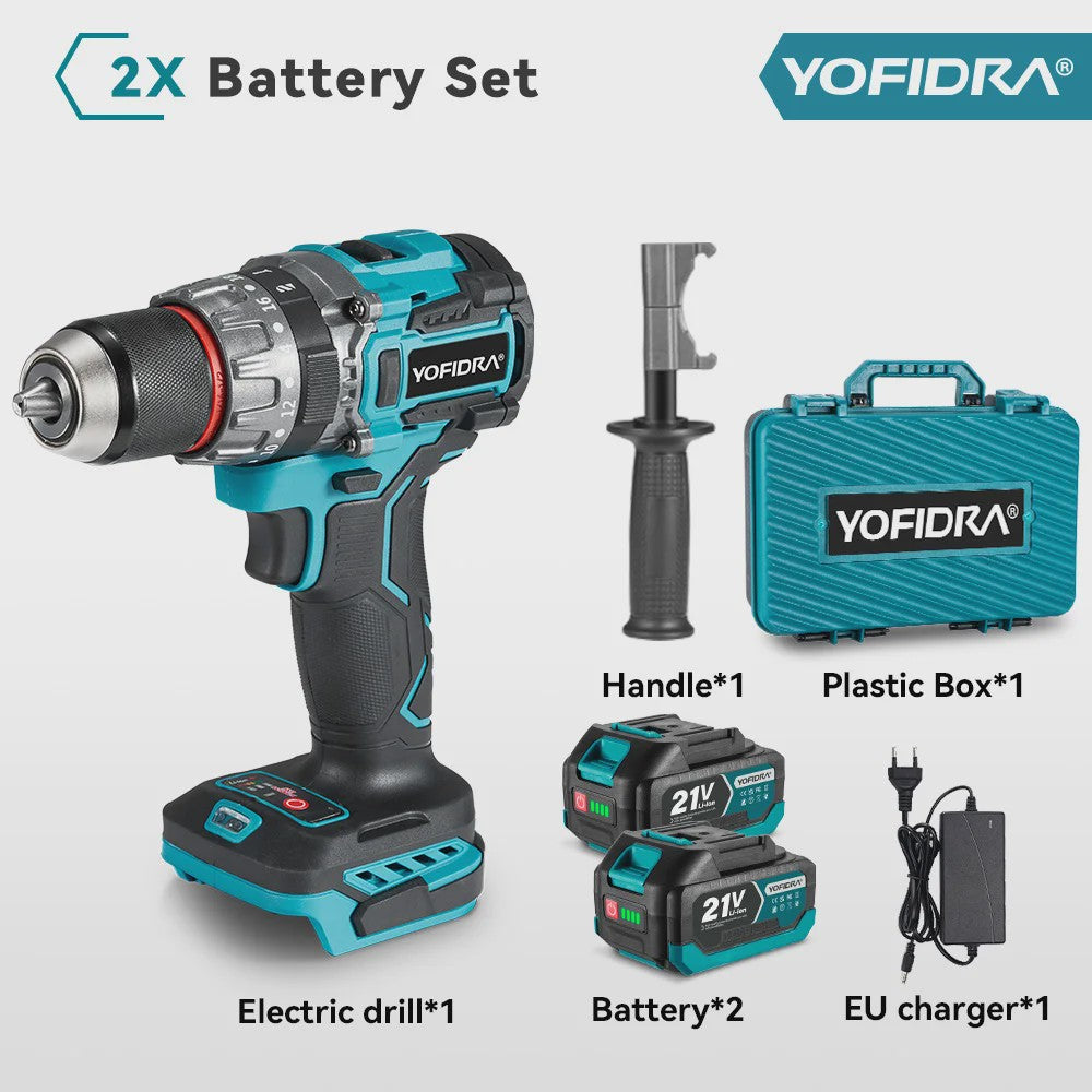 YOFIDRA Accuboormachine 18V-21V Brushless Motor, 13mm Boorhouder, 20+3 Koppelinstellingen, Boor/Schroef/Slagfunctie
