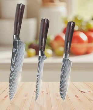 3-delige Keukenmes Set - Damascus Patroon - Hoog Koolstof RVS