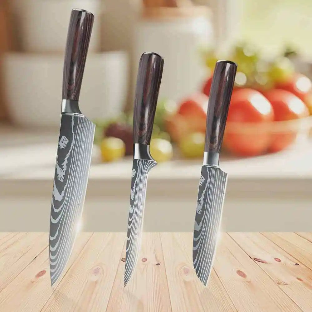 3-delige Keukenmes Set - Damascus Patroon - Hoog Koolstof RVS