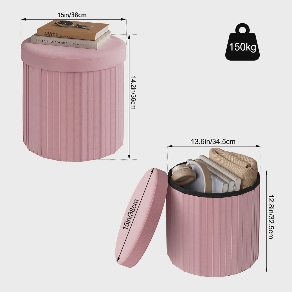 Ronde Opbergpoef met Afneembare Deksel - Beige Fluweel