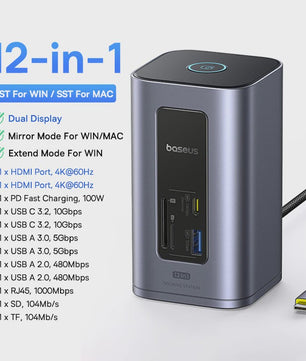 Baseus 12-in-1 USB-C Docking Station: 4K HDMI, Dual Display, RJ45, PD 100W