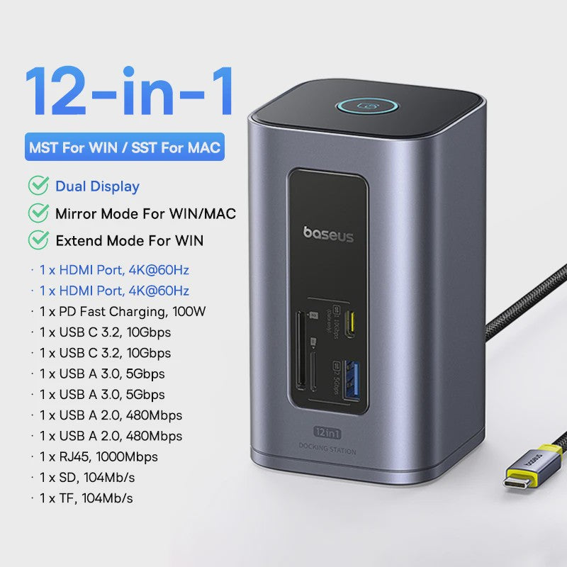 Baseus 12-in-1 USB-C Docking Station: 4K HDMI, Dual Display, RJ45, PD 100W