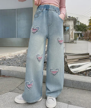 Modieuze Jeans met Strikjesprint voor Meisjes (4-14 jaar) - Wijde Pijpen Denim Broek