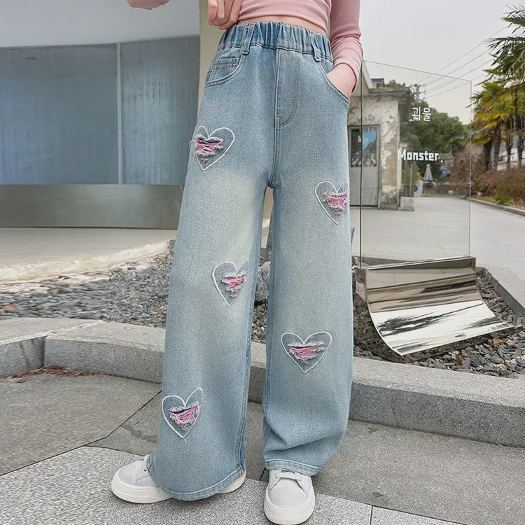Modieuze Jeans met Strikjesprint voor Meisjes (4-14 jaar) - Wijde Pijpen Denim Broek