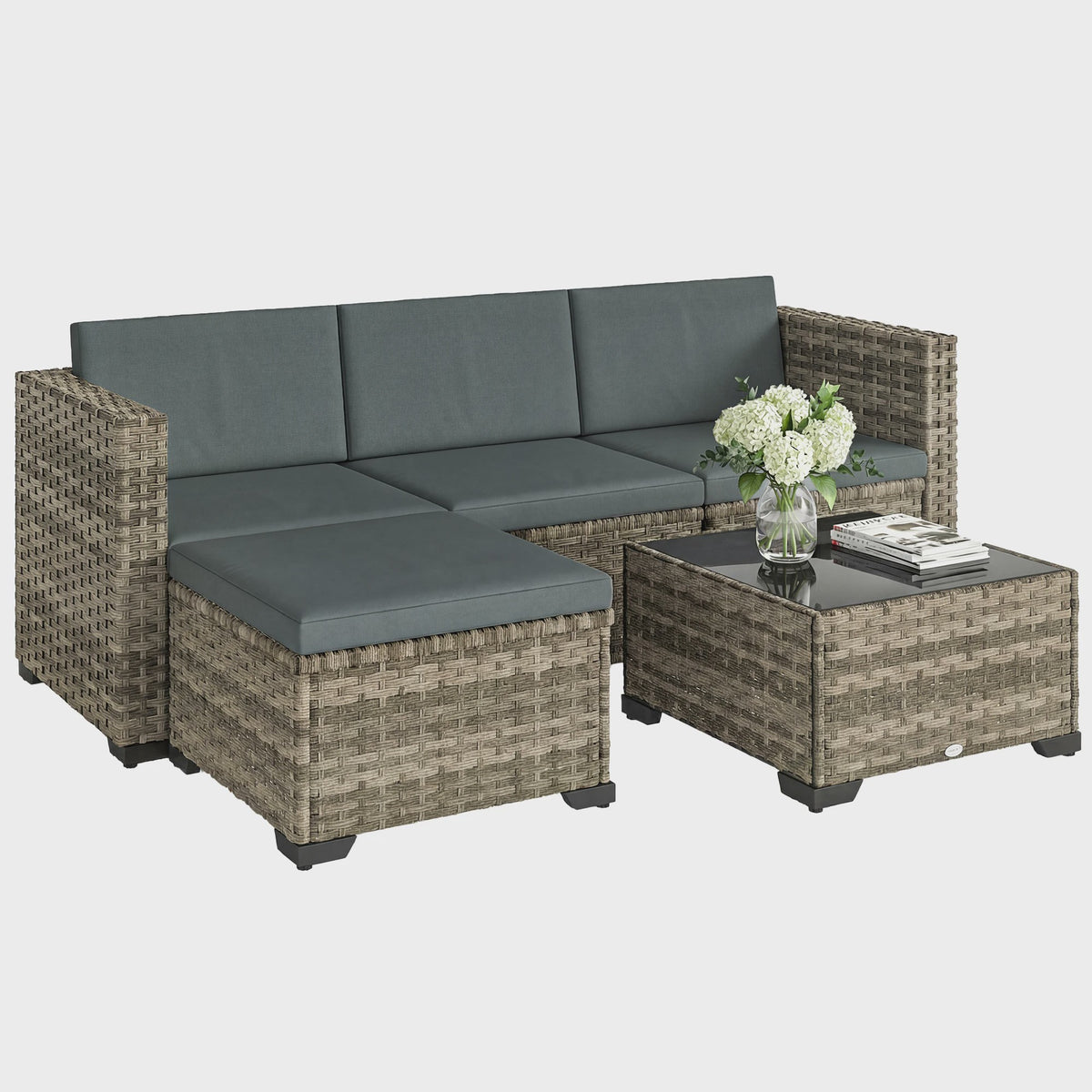 Outsunny 5-delige Rotan Loungeset met Kussens en Glazen Tafel - Tuinmeubelen