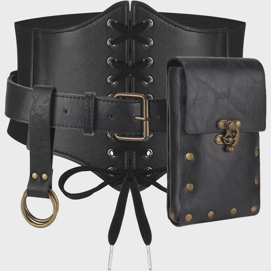 Middeleeuwse Renaissance Kostuum Set: Corset, Riem, Portemonnee & Accessoires