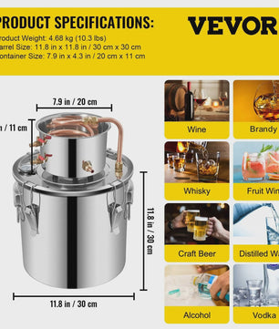 VEVOR 19L RVS Alcohol Distilleerder - Koperen Koeler voor Wijn, Whisky, Essentiële Olie